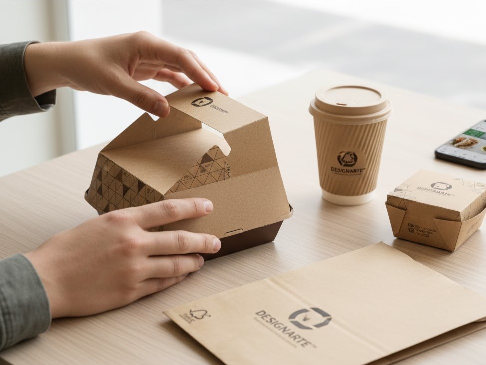 Mãos a fechar uma caixa lancheira de papel kraft para take-away, ilustrando o pilar funcional e a usabilidade em delivery.