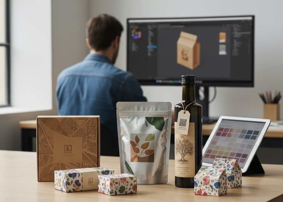 Designer da Designarte™ a trabalhar em software de design gráfico no desenvolvimento da arte-final para embalagens alimentares personalizadas, com amostras de produtos acabados na secretária.