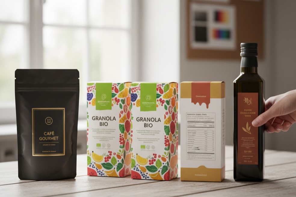 Embalagens alimentares personalizadas de design gráfico estratégico criadas pela Designarte™ para marca de produtos gourmet e granola bio, demonstrando coerência visual.